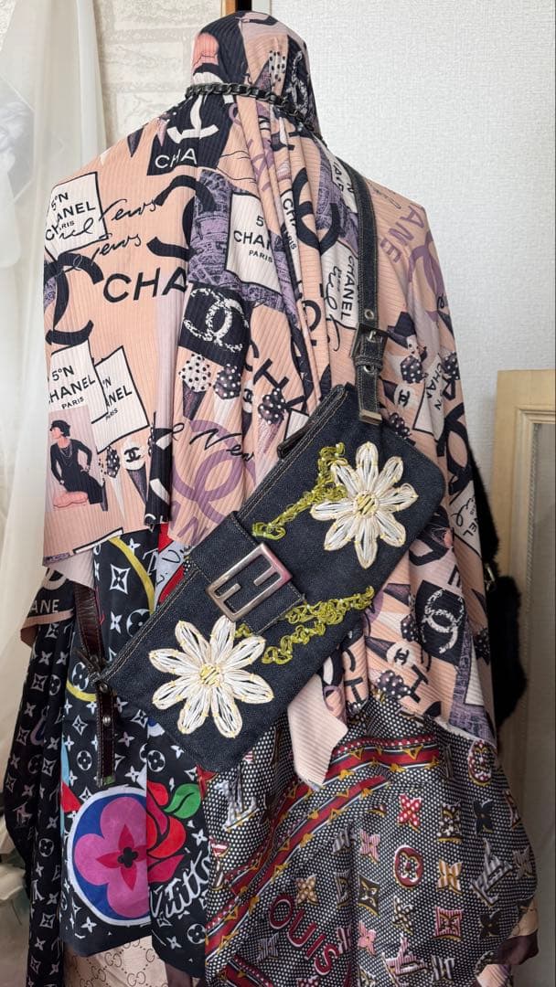 ヴォンテージFENDI花刺繍デニムボディーバッグ