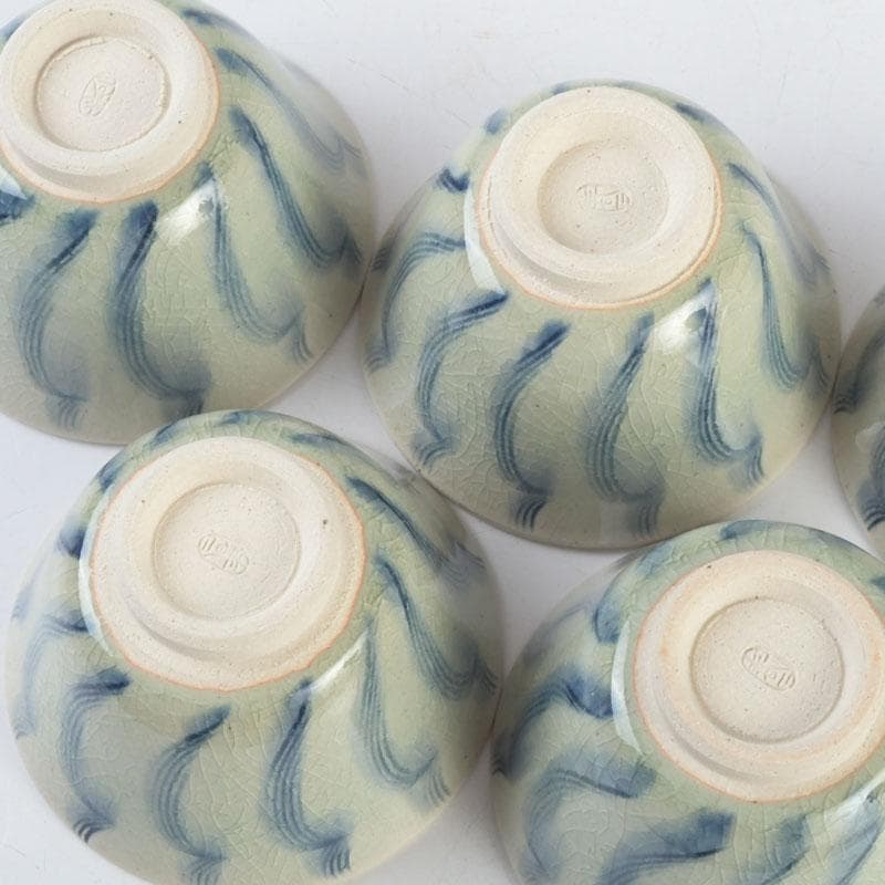 茶道具　御深井焼　南山窯　田沼春ニ作　染付　汲出茶碗　五客　共箱　V　9298