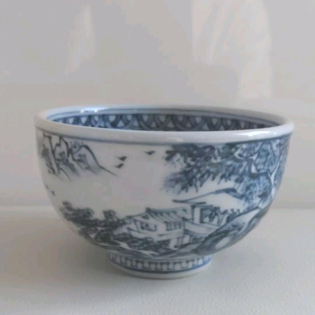 茶道具　鹿背山焼　楽土窯　福田翔作　山水染付　茶碗　共箱