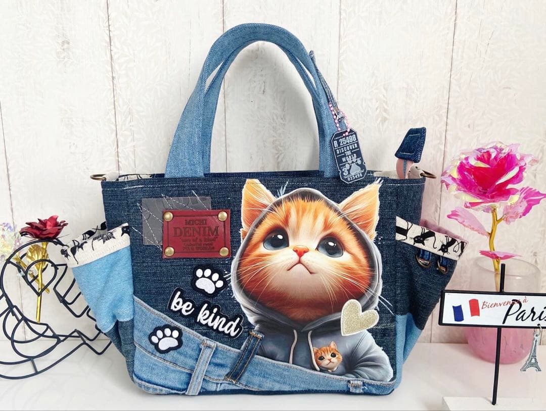 デニムリメイクバックS パールデニム×猫