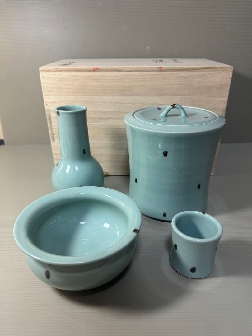 2447 茶道具 皆具 飛青磁 鼓形 横山瑞祥作