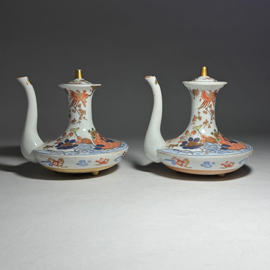 ◆伊万里 染錦金彩花鳥文銚子一対 酒器 上手品 明治時代◆