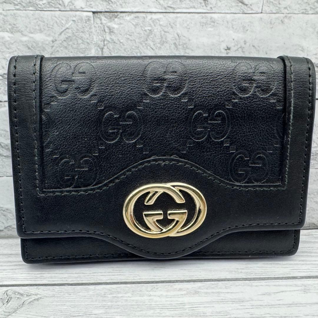 【極美品】GUCCI　名刺入れ　インターロッキング　GG柄　レザー　ブラック