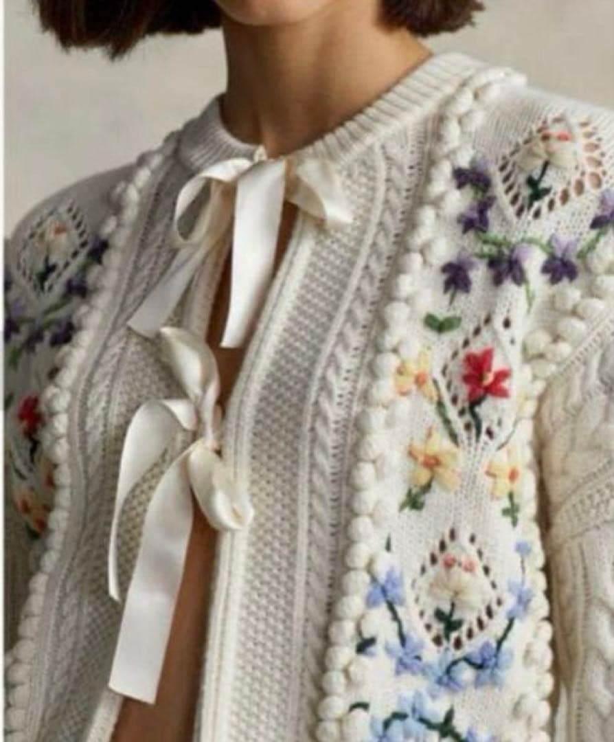 新品タグ付き♡ラルフローレン♡刺繍　リボン　ケーブル ウールブレンドカーディ