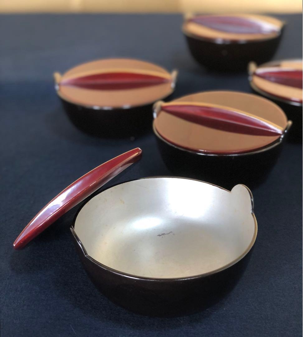 《レ》鍋型 吸物椀5客 多用椀 木製漆器 木箱　251127お1