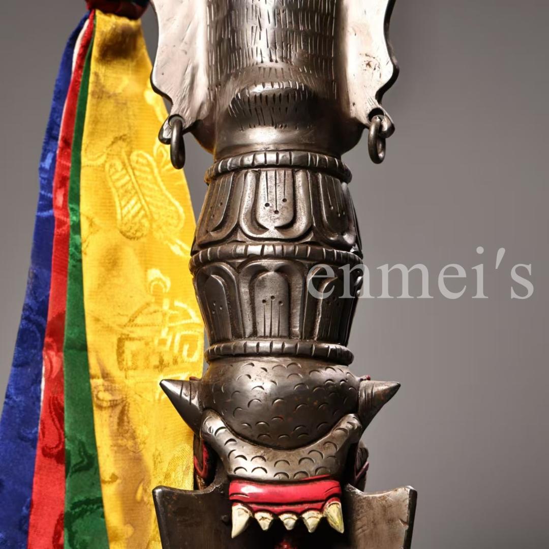 中国古美術・蔵伝工芸・寒鉄彩絵金剛降魔杵・手工錾刻・文房置物・鎮宅辟邪・風水法具