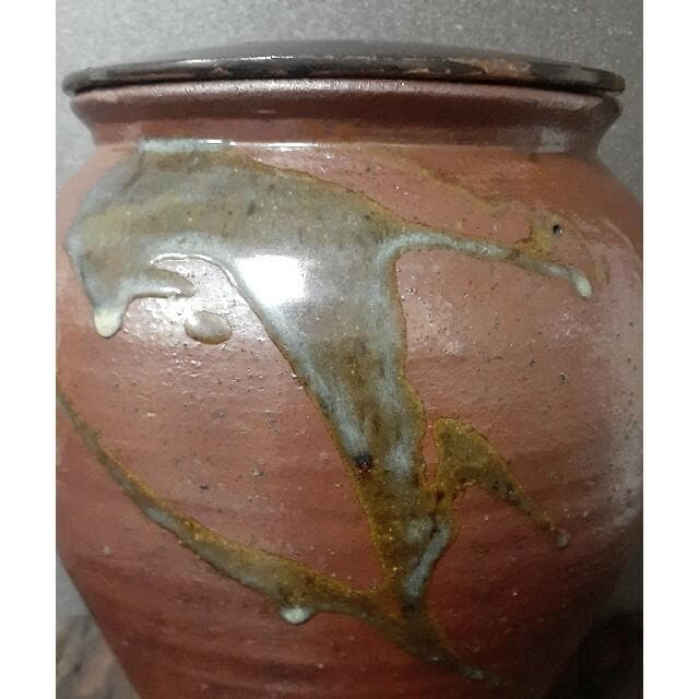 江戸時代中期頃　古丹波　流れ釉　茶壺　黒漆時代蓋付　大壺　花入れ