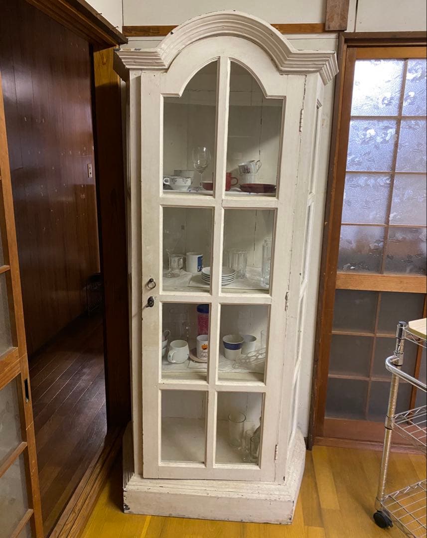 アンティーク ホワイト木製 キャビネット 大型 食器棚 ショーケース