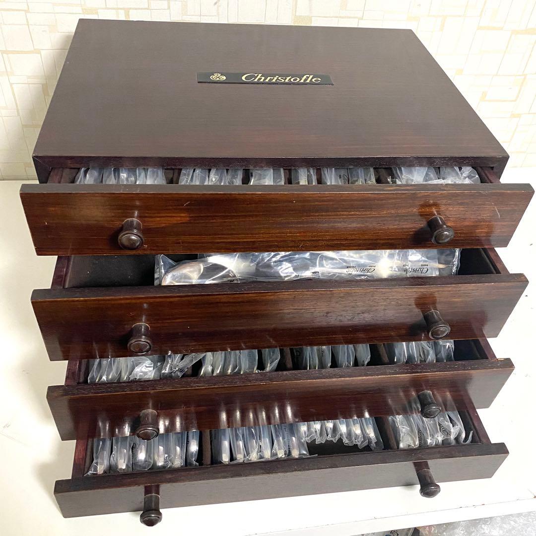 クリストフル 木製 4段収納チェスト 引き出し カトラリー セット 約90点