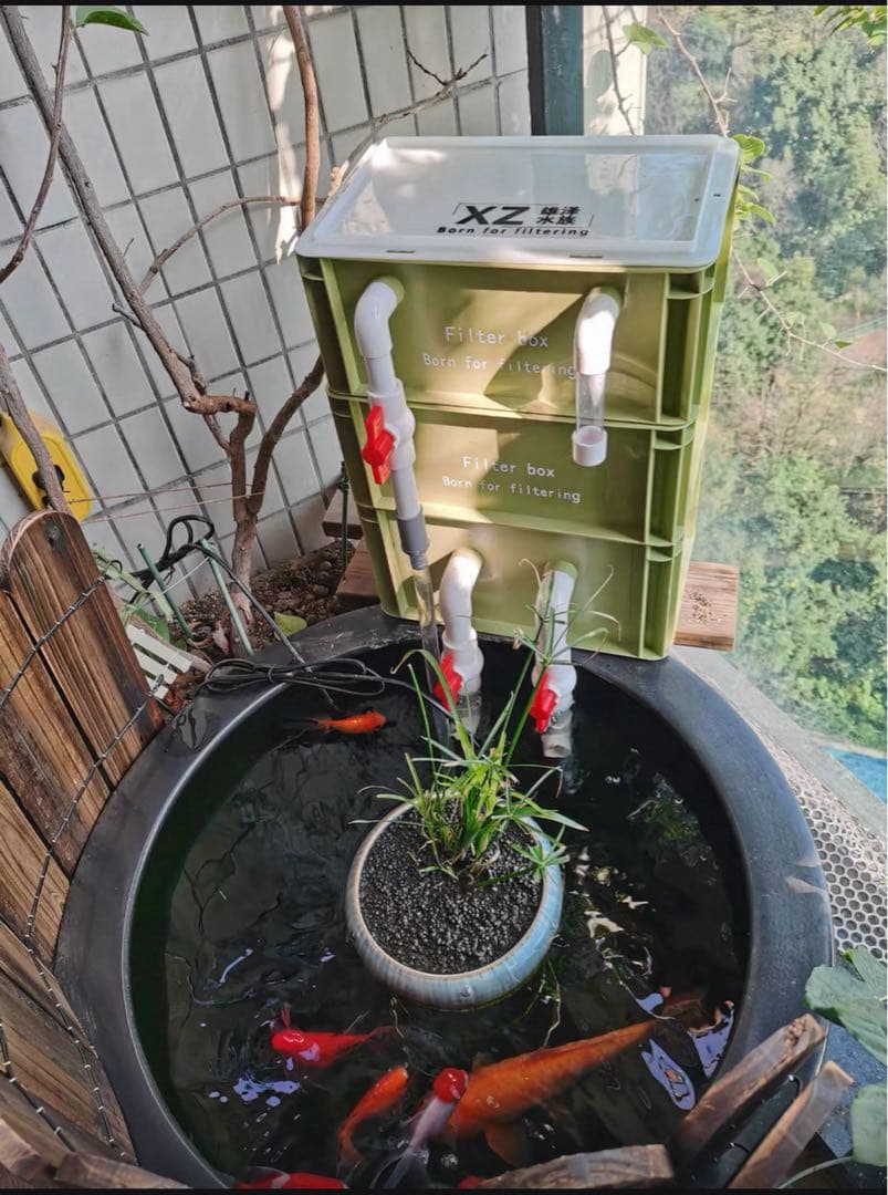 水中ポンプ2種以上ろ材2段付き　水槽池ろ過フィルター　オーバーフロー濾過器装置