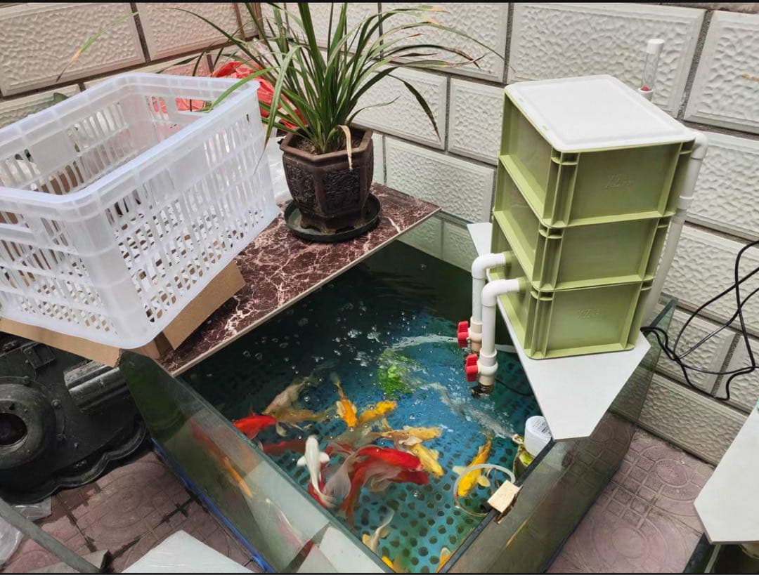 水中ポンプ2種以上ろ材2段付き　水槽池ろ過フィルター　オーバーフロー濾過器装置