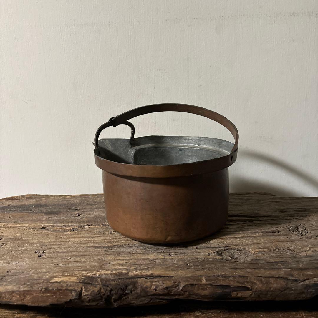 シャビー　古い片口銅鍋　⑥ コッパーケトル　片口　ガーデニング　古道具　検:李朝