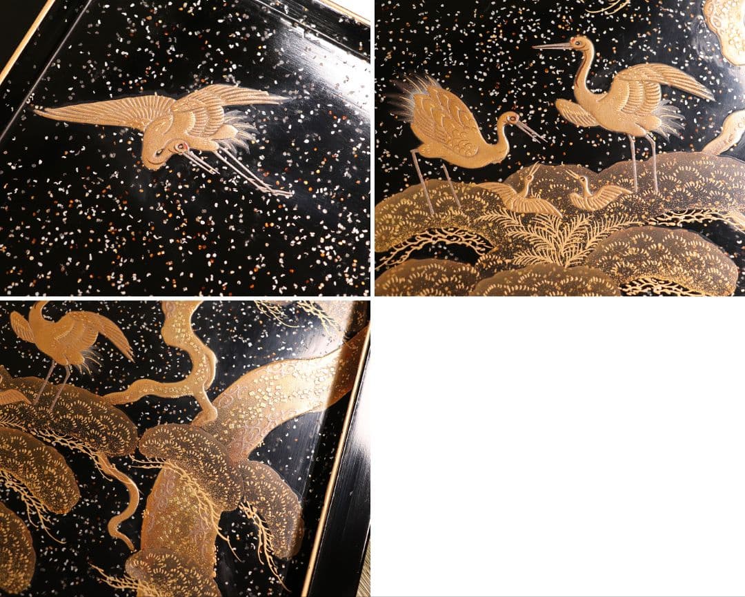 時代 牡丹唐草金蒔絵 黒塗 梨地 五段重 重台 桔梗紋 松鶴 共箱【MA120】