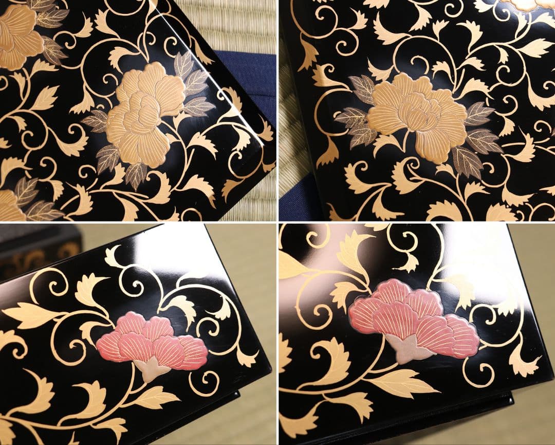 時代 牡丹唐草金蒔絵 黒塗 梨地 五段重 重台 桔梗紋 松鶴 共箱【MA120】