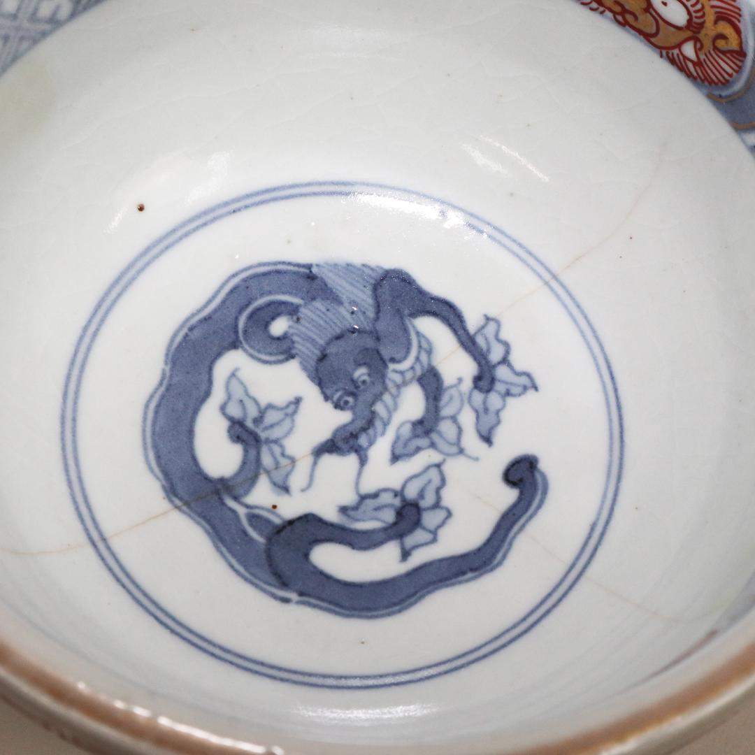 冨貴長春　蓋付茶碗　錦絵 染付 金彩 古伊万里　7客　吉祥　1客に金継ぎ有り