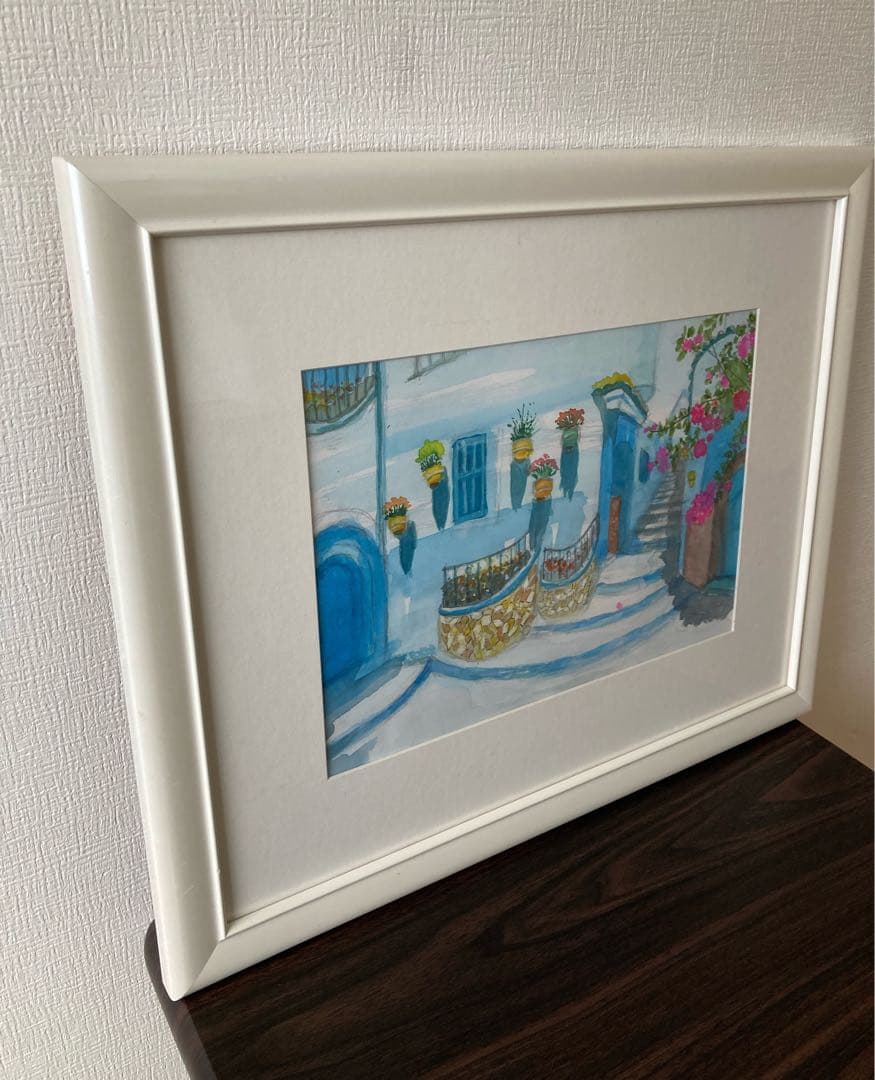 水彩画　「　ブーゲンビリアの街かど　」　原画　額付