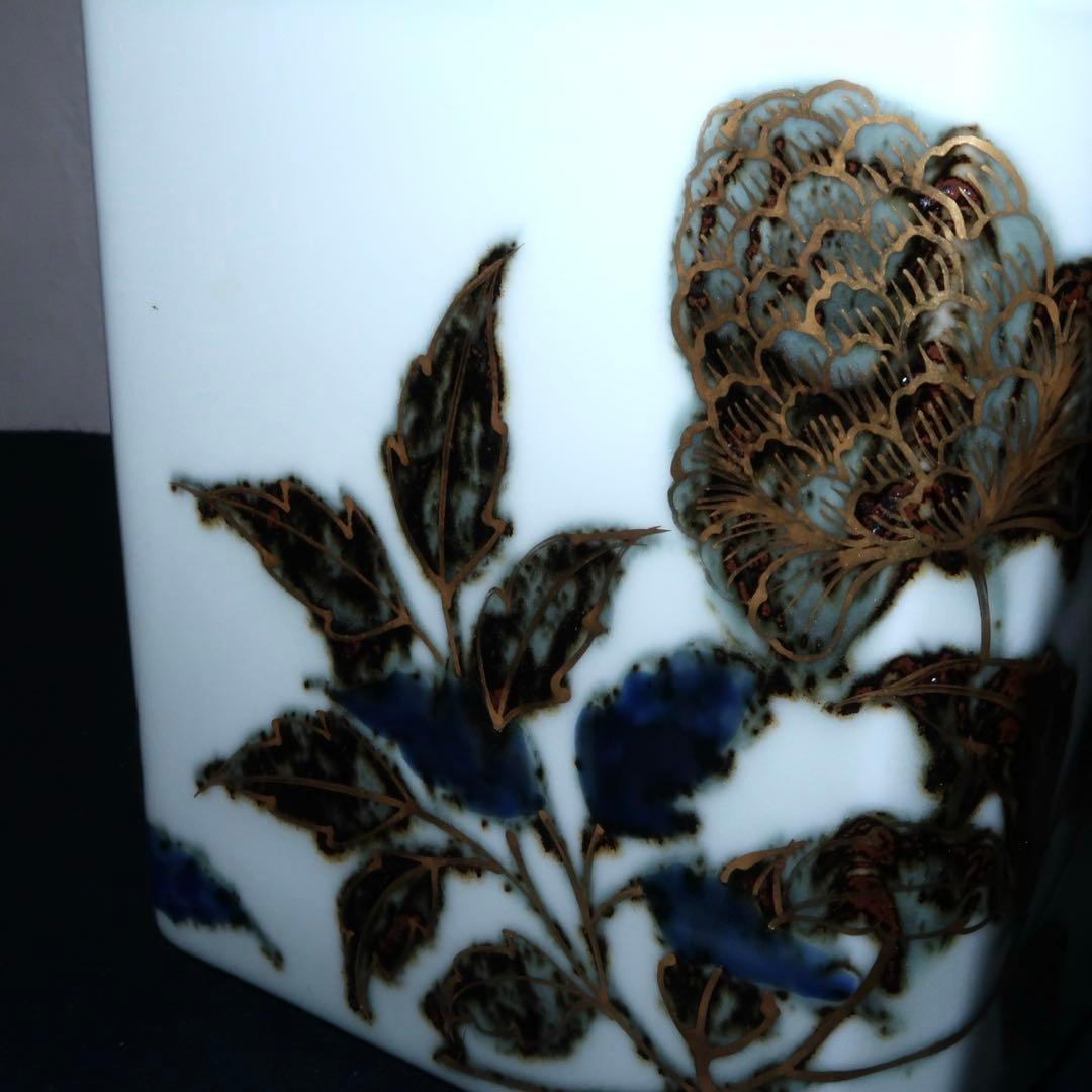 【茶道具】手塚玉堂作　玉堂窯　草花絵角形水指