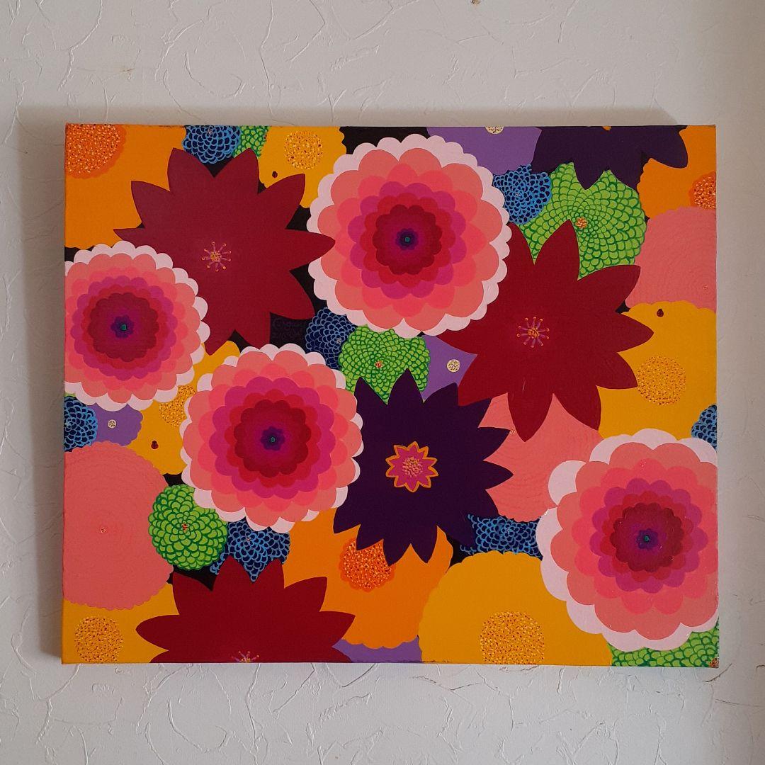 ミックスフラワー　F12号　アクリルガッシュ　画家　小楠アキコ作品　額付き