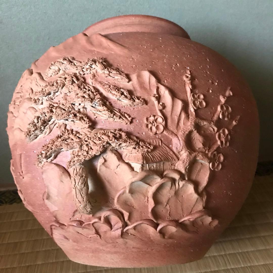 希少 特大 信楽焼 紫郎作 山水 立体 彫刻 丸壺 花瓶