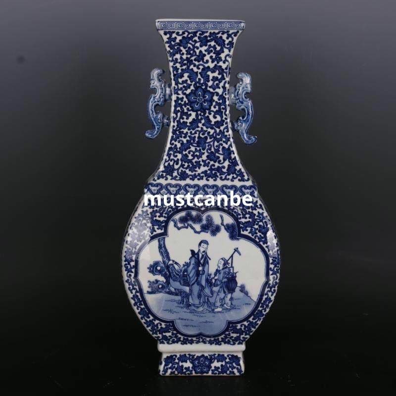 清乾隆青花人物紋四方象嵌器瓶 景徳鎮 陶磁器 装飾品 現代工芸品 美術品 置物