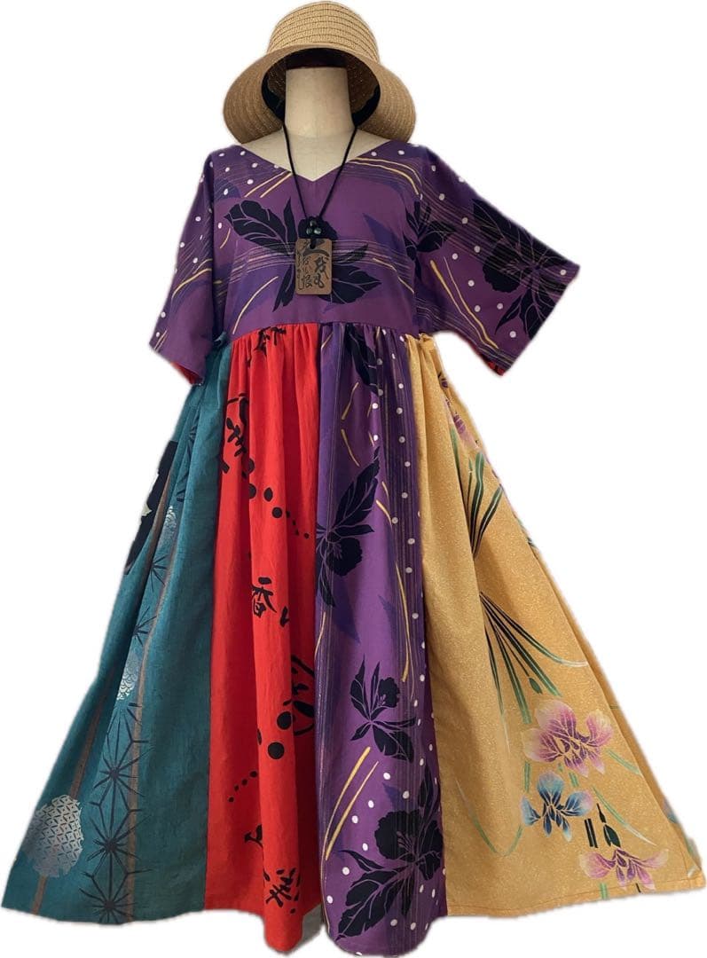 アジア風デザインのロングドレス浴衣リメイクワンピース