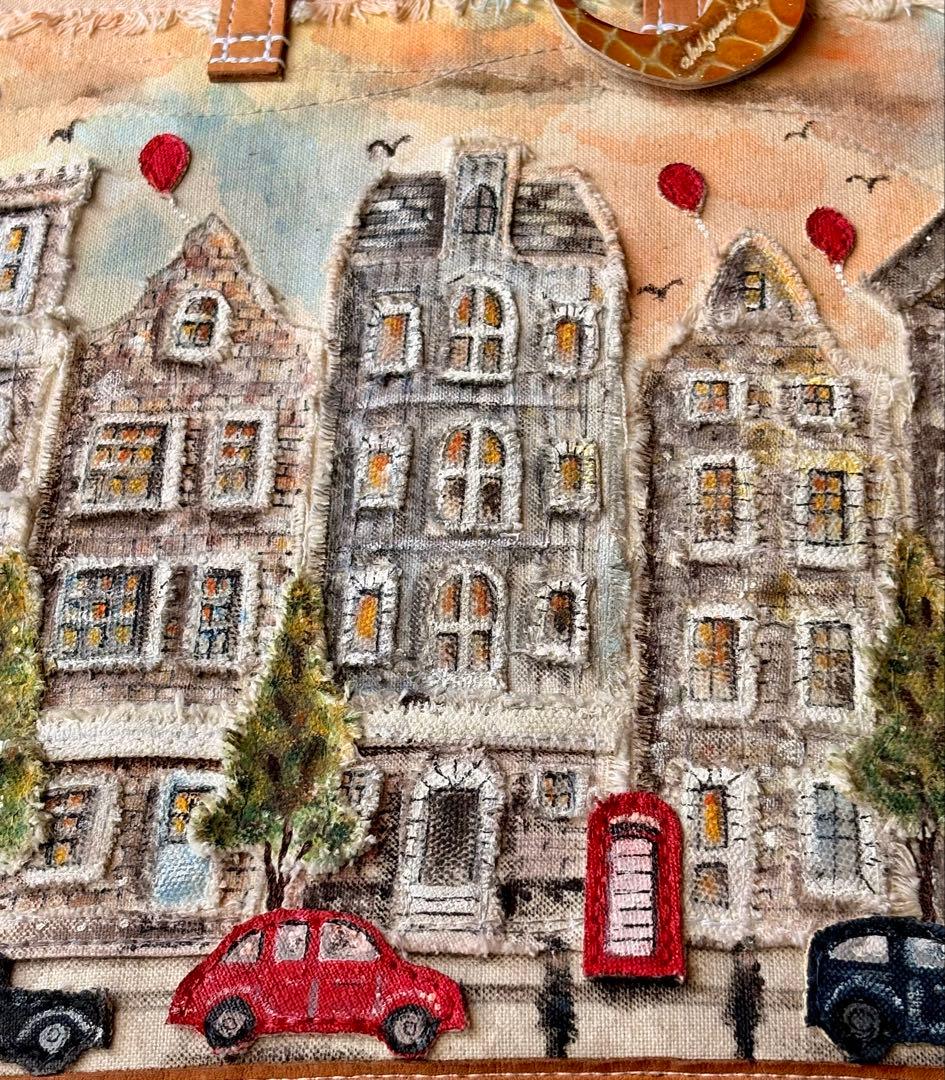 (手づくり)\"赤コントラスト ロンドンストリート\"リュックショルダーバッグ/刺繍