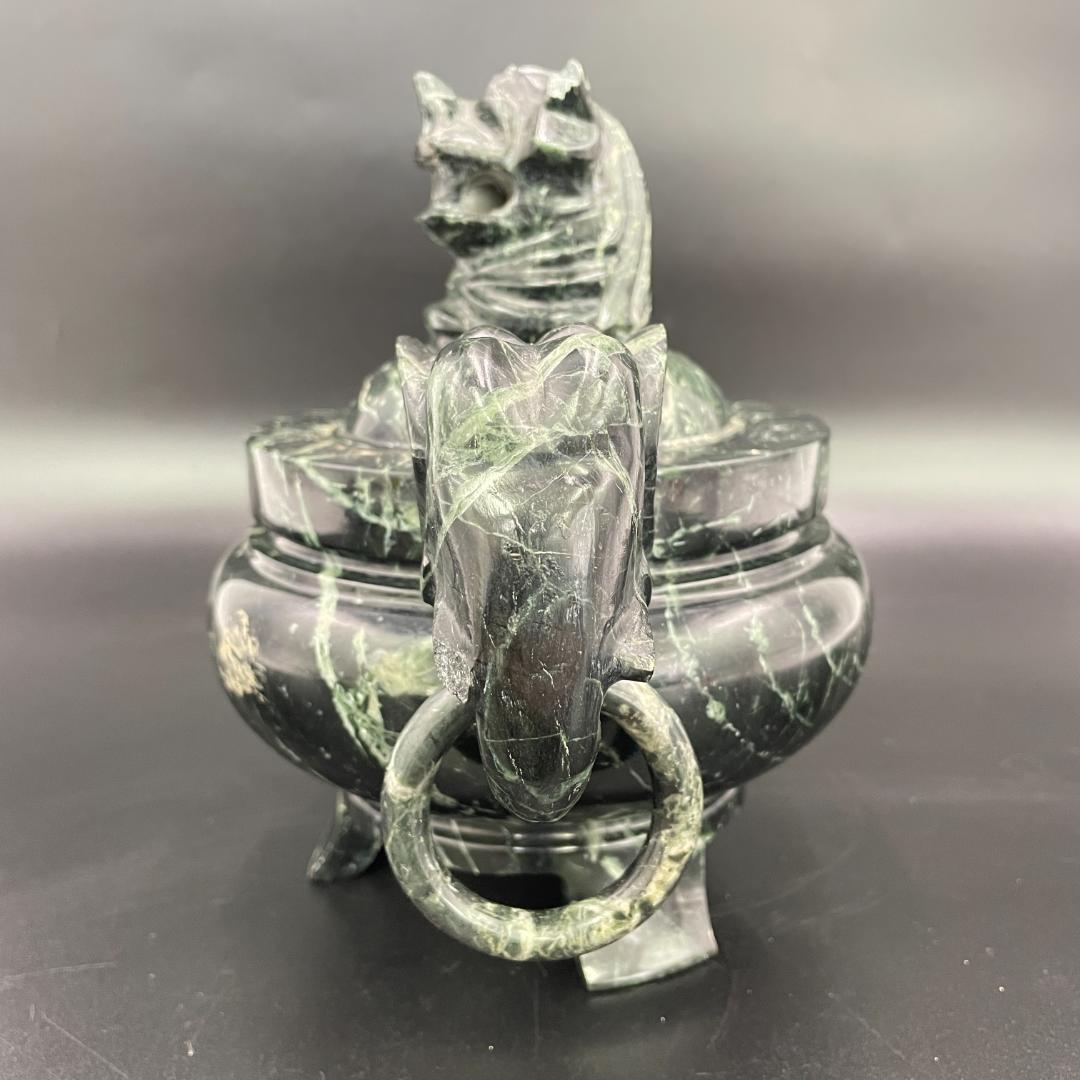 蛇紋石 彫刻 象耳遊環付 三足香炉 天然石 香炉 高さ19cm 重量3kg