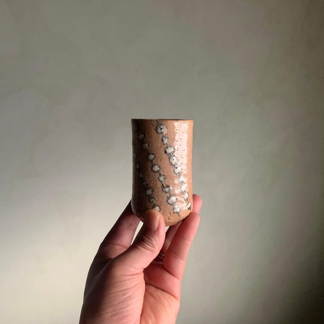 杉本立夫 泥牛 赤織部 赤楽 吊るし柿文様 筒盃 古道具 アンティーク 酒器