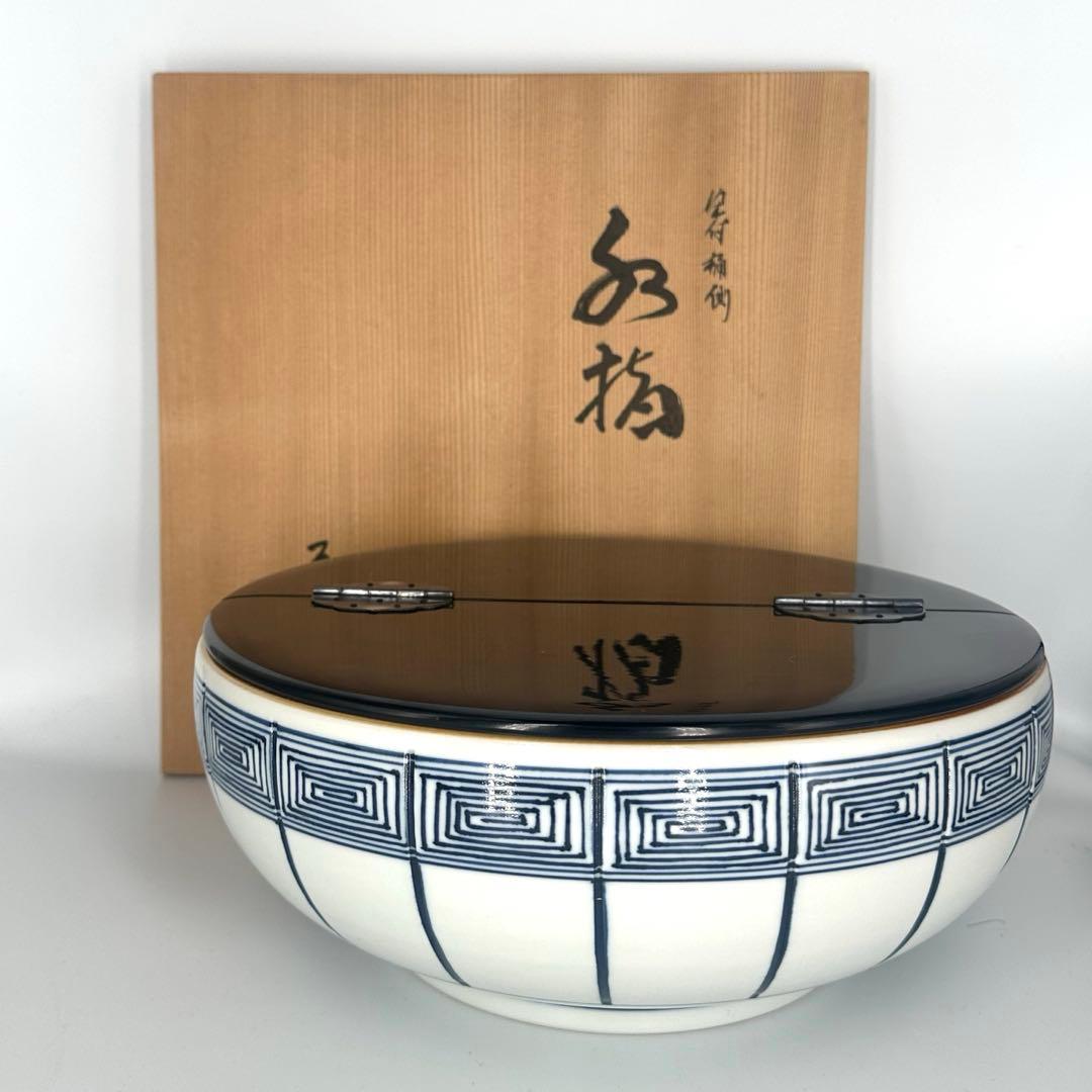 手塚景雲　染付桶側水指　茶道具　共箱