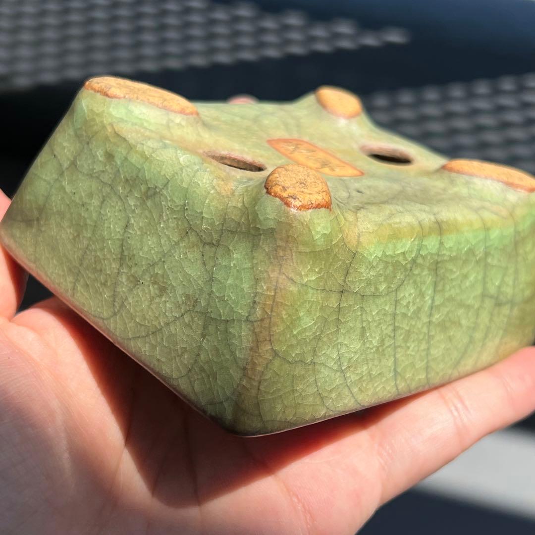 782.暁雲 緑貫入釉長方 盆栽鉢 植木鉢 10*8.7*4.2cm