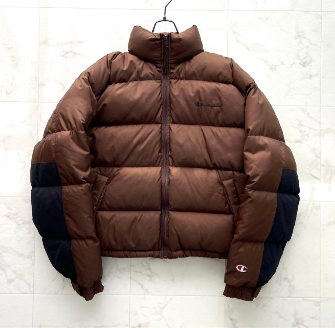 希少 チャンピオン ダウンジャケット 肉厚 刺繍ロゴ 刺繍ロゴ ヌプシ 茶色 L