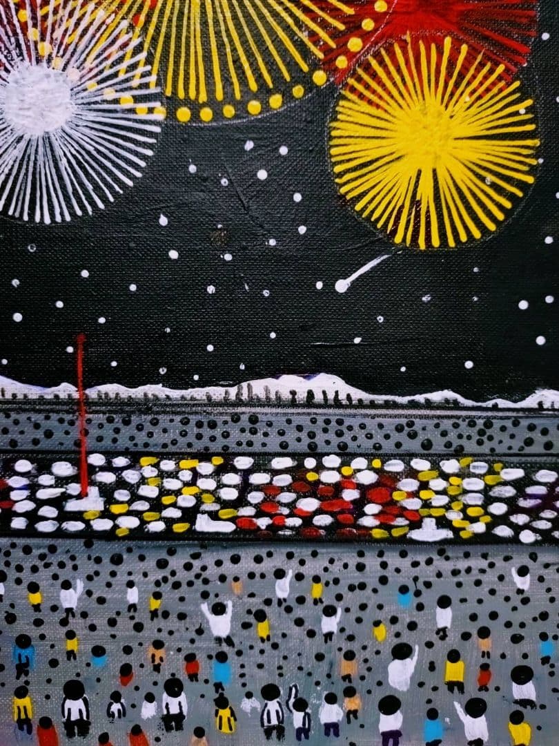 【F6号】山下清【長岡の花火】手描き/表裏サイン・共シール有り/油彩/油絵/額縁