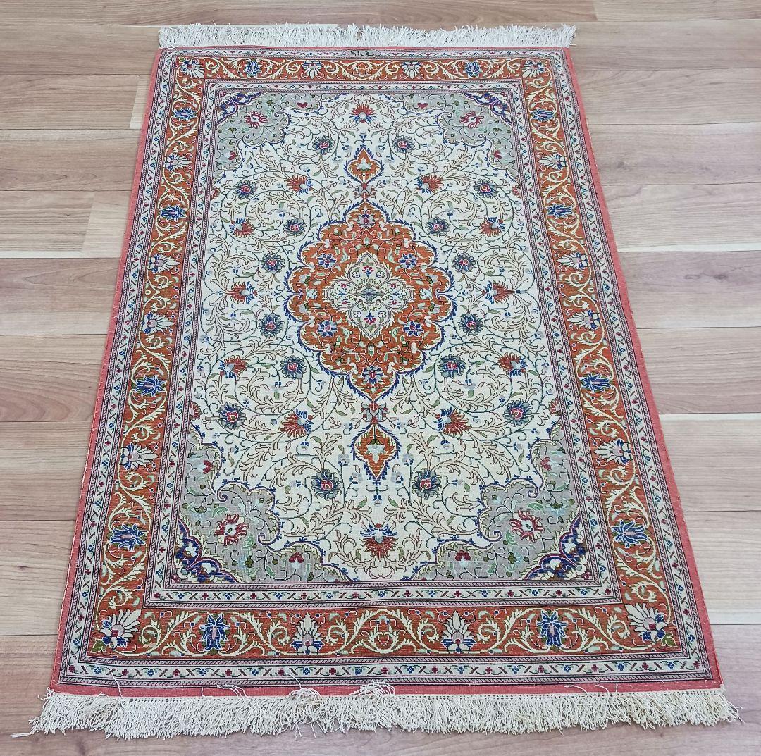 Y3292 高級ペルシャ絨毯 クム産 工房サイン シルク100% 手織り