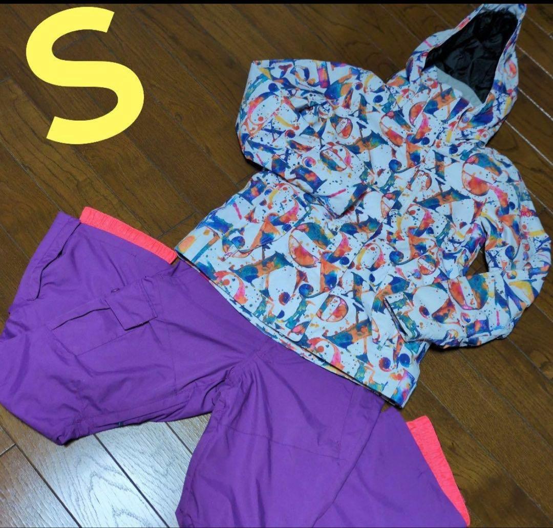 【美品】ROXY　スノボウェア　上下セット　Ｓ　総柄　　カラフル　ロゴ　パープル