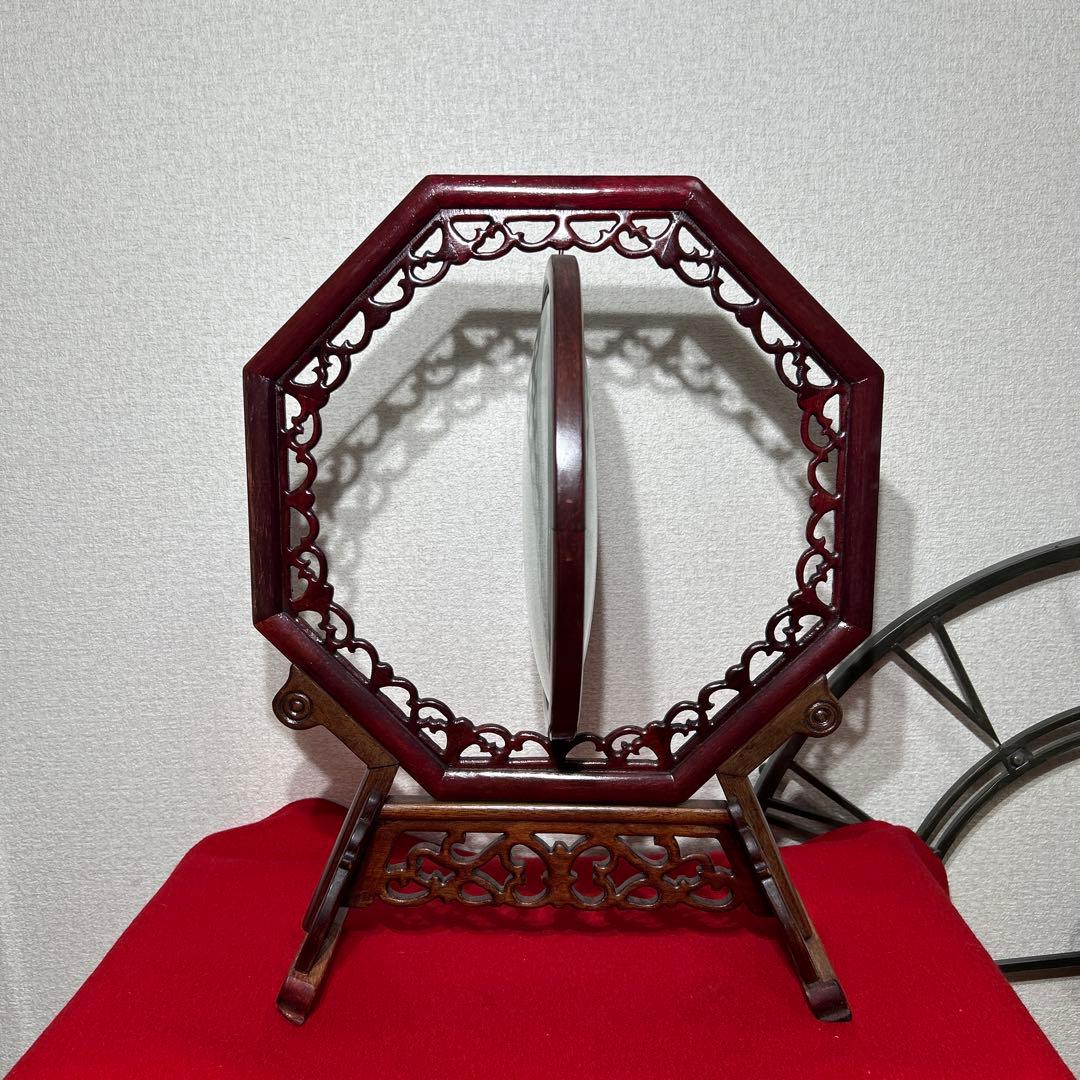 蘇州 蘇繍 両面刺繍 金魚 縁起物 天然木材座 中国工芸品　八角形　風水