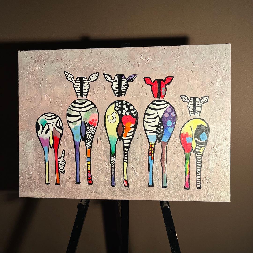 手書き油絵 ゼブラ 絵画 インテリア 油彩画