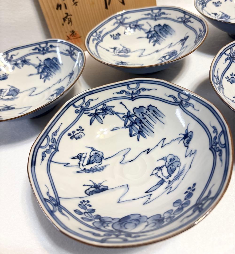 清水焼 平安 竹峰作 染付水鳥 向付 5客 懐石料理 和食 竹峰 鉢 木箱