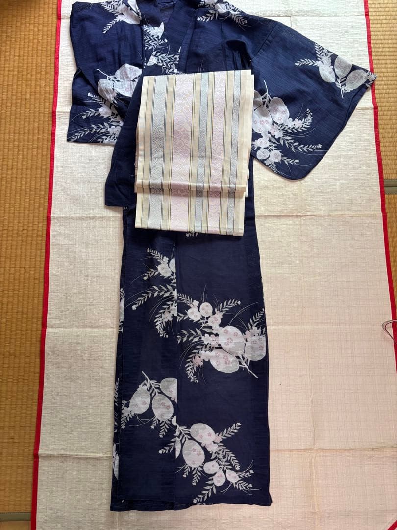 【綿麻　上品浴衣】古今　紺色 浴衣 単品　ピンク小花＆葉模様 手縫い 着物風にも