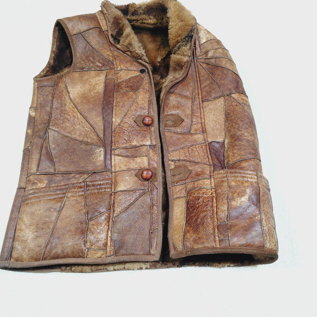 シープスキン 内ボア パッチワーク ベスト くるみボタン ヴィンテージ Lサイズ