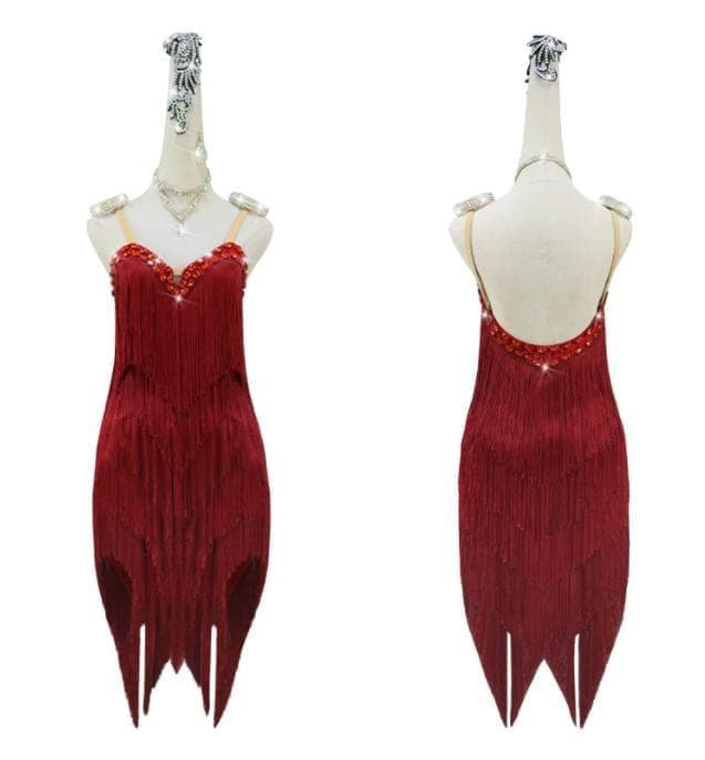 社交ダンス衣装 ラテンワンピース フリンジドレス ワインレッド オーダーメイド