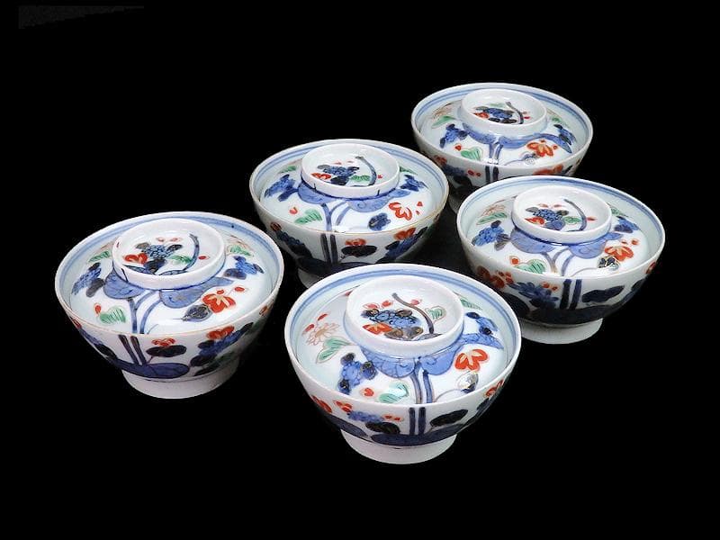 古伊万里　染錦　河骨紋の図　広東型　蓋茶碗　５客　C859AS-CEw