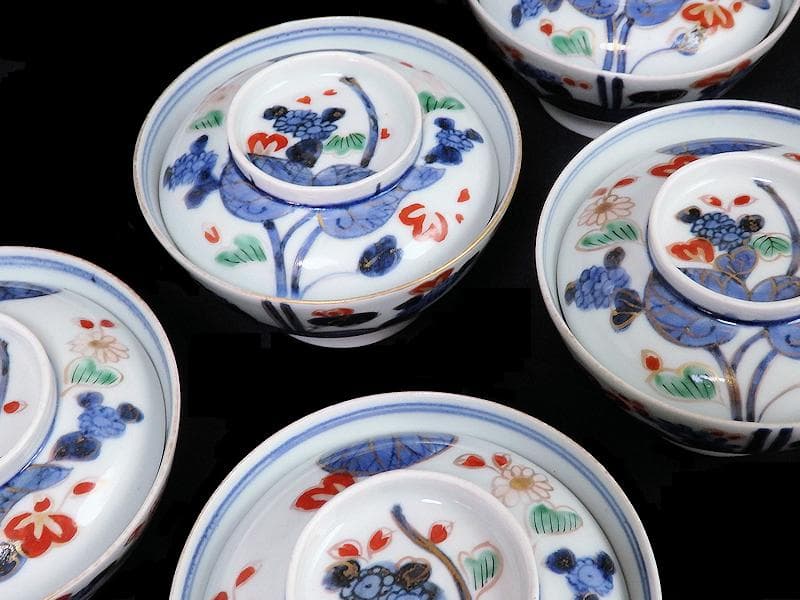 古伊万里　染錦　河骨紋の図　広東型　蓋茶碗　５客　C859AS-CEw