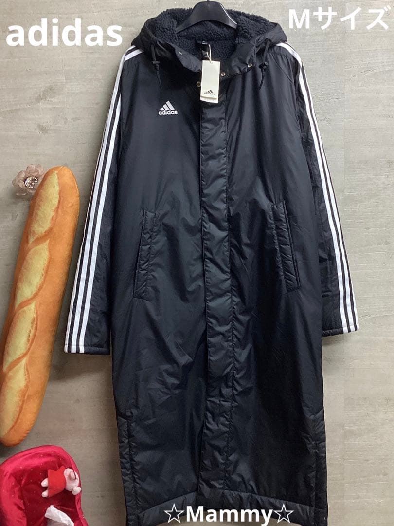 アディダス　ロングベンチコート　メンズ　Mサイズ　フード付き　スリーストライプス