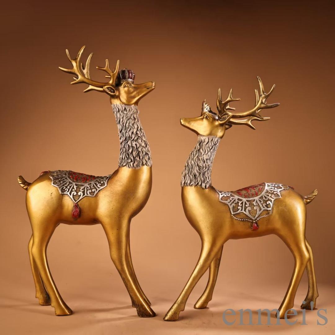 中国古美術 旧蔵 鏨刻描金彩絵 招財鹿一対 純銅 高浮彫 極細工 古銅器 置物
