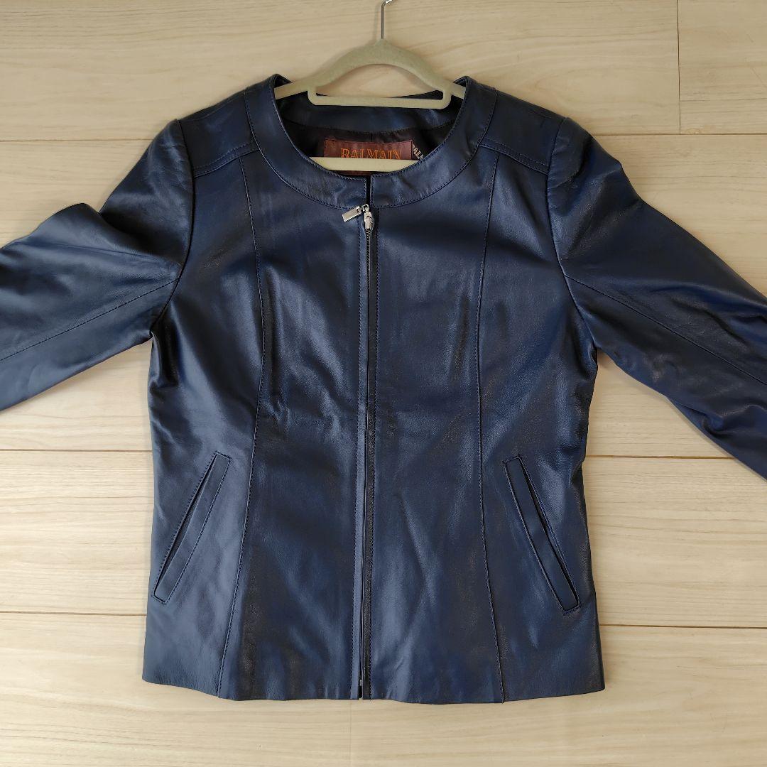 バルマン ラムレザージャケット　羊革 　ネイビー　ノーカラー