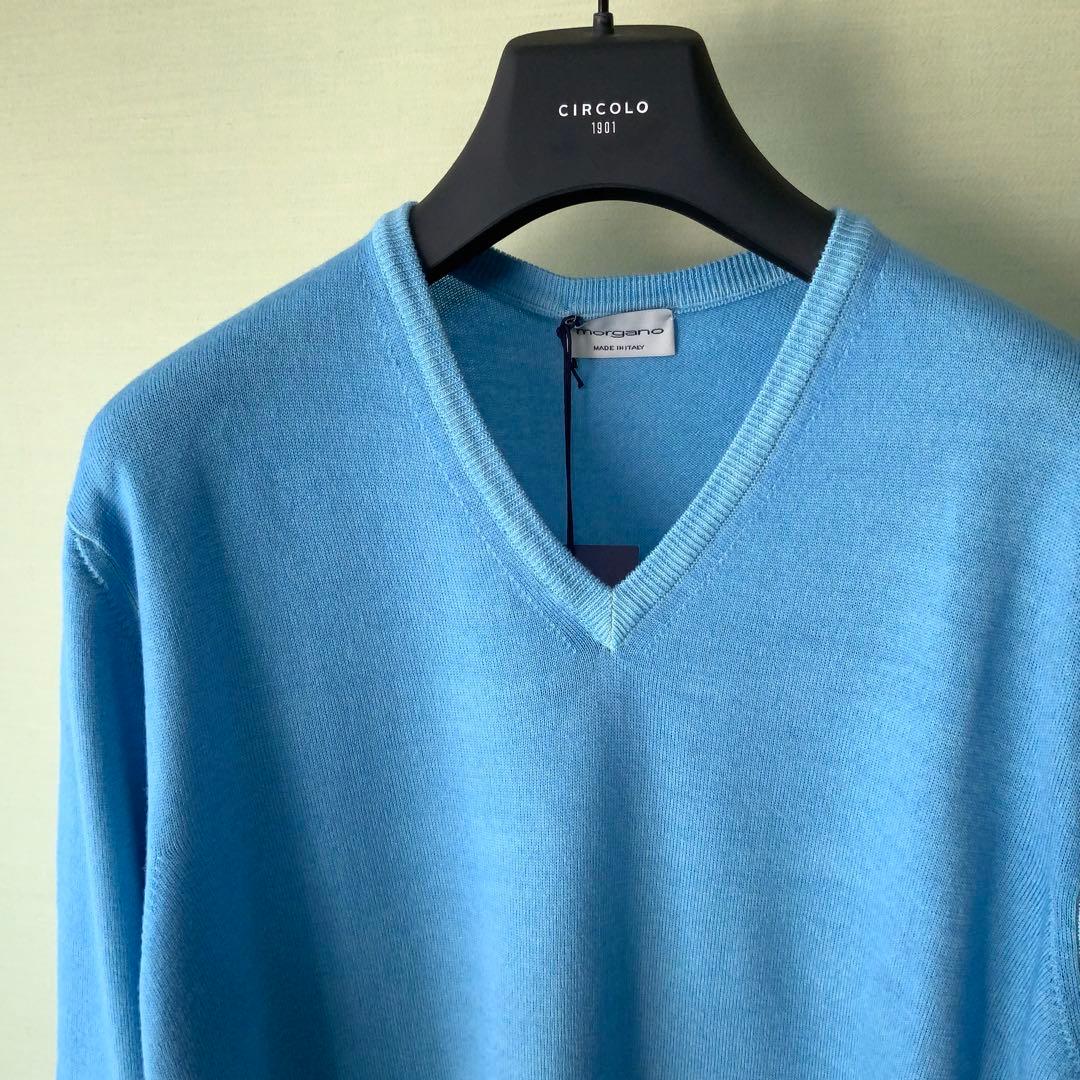 新品MORGANOモルガーノ ウールVネックニット50 ブルー イタリア製