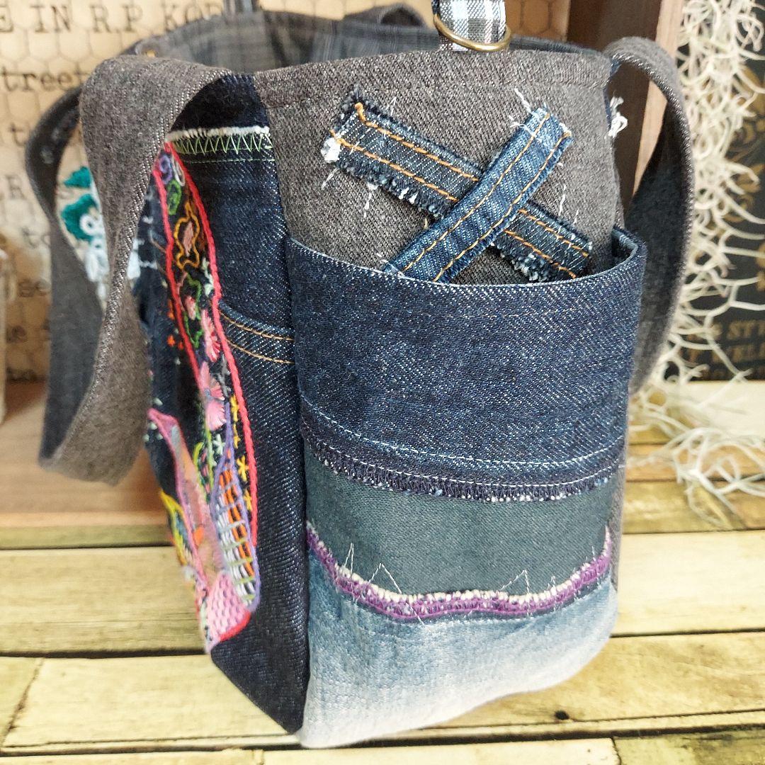 【蘭太郎】刺繍デニムバック　No.666　デニムリメイク　刺繍バック