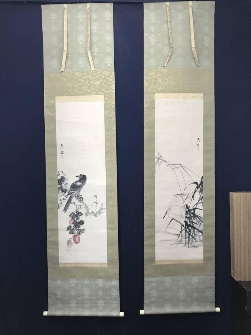 【真作】渡辺南岳/芦鷺烏瓜に烏図/花鳥図/双福/掛軸/名家伝来/AC-237