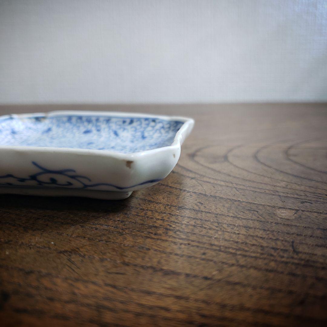 小皿 角皿 豆皿 微塵唐草 江戸 染付 古伊万里 訳あり ヒビ