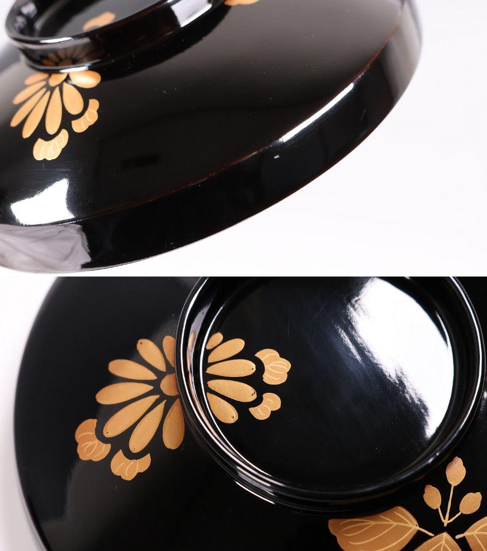 【CM400】天然木漆塗 菊桐鳳凰金蒔絵 黒塗 吸物椀 二客 昭和期 木製漆器